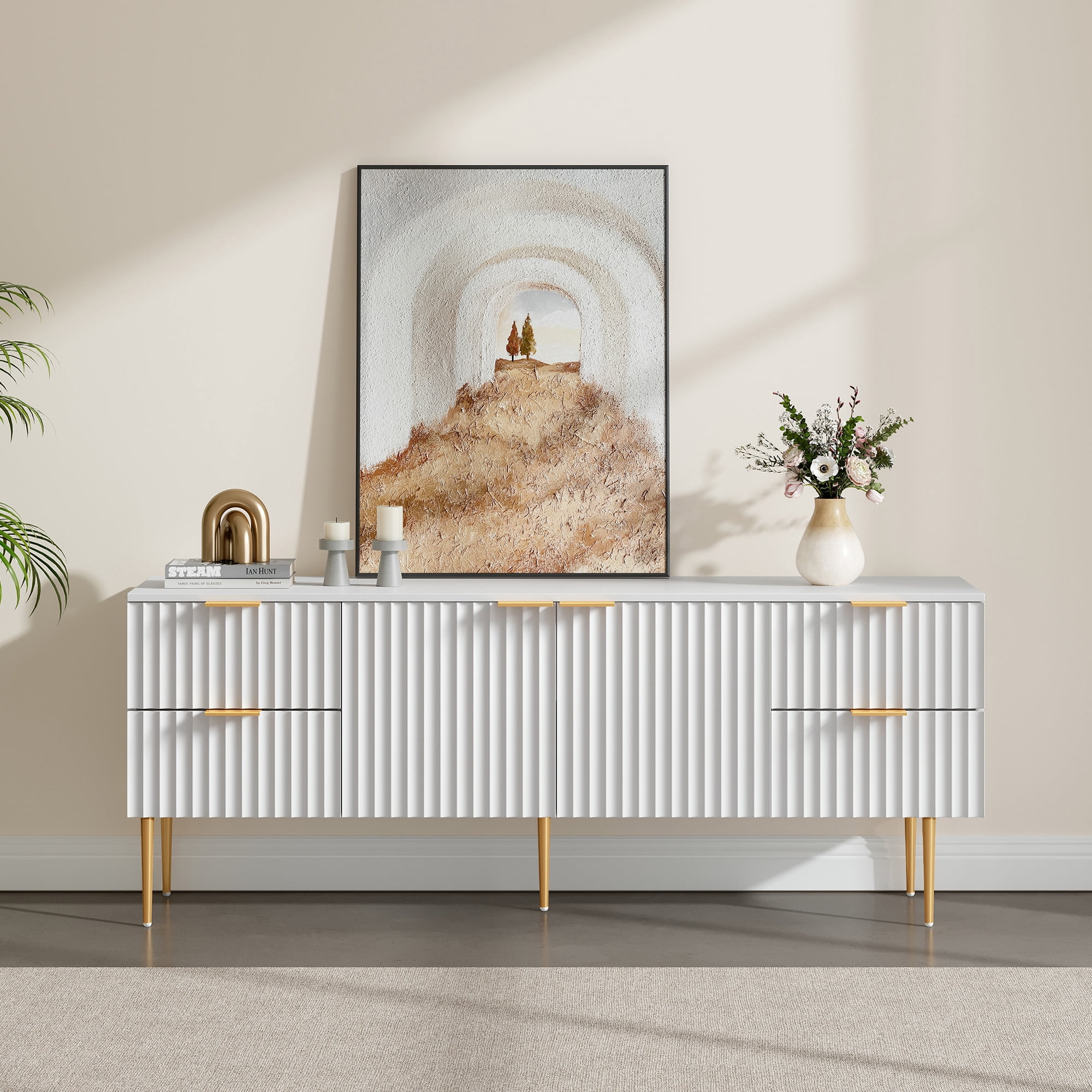 SICOTAS Modern Fluted TV Stand for TVs up to 70", High Glossy Entertainment Center with 2 Storage Cabinets & 4 Drawers, Tall Media Console Table for Living Room, White