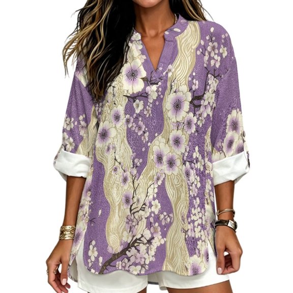 FKELYI Oriental Flower Purple Print Faux Linen Shirts for Women Summer Blouse V-Neck 3/4 Sleeve Casual Top Soft Loose Fit Business Casual Outfits for Ladies, L