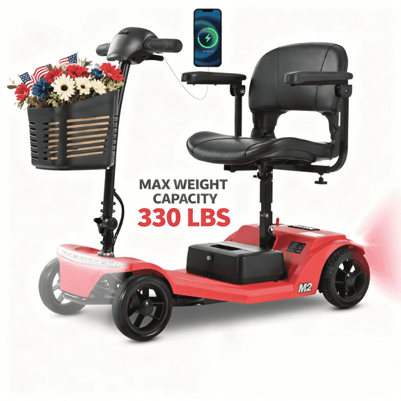 SEGMART 4 Wheel Mobility Scooter for Seniors,Electric Folding Wheelchair Device, with a powerful 350W motor, can rotate 360°, and has a weight capacity of 300 lbs,Red