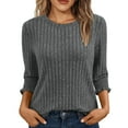 thumbnail image 2 of BiZtdJrK Womens Crewneck Ribbed Knit Sweater Loose Dressy 3/4 Sleeve Shirts Ladies Business Casual Blouses Fashion Clothes, Dark Gray, XXL, 2 of 9