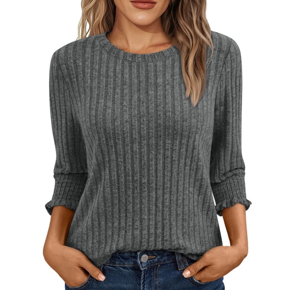 Enjoytime 3/4 Sleeve Tops for Women Solid Color Crewneck Shirts Trendy Fashion Business Casual Blouse Dark Gray XXL