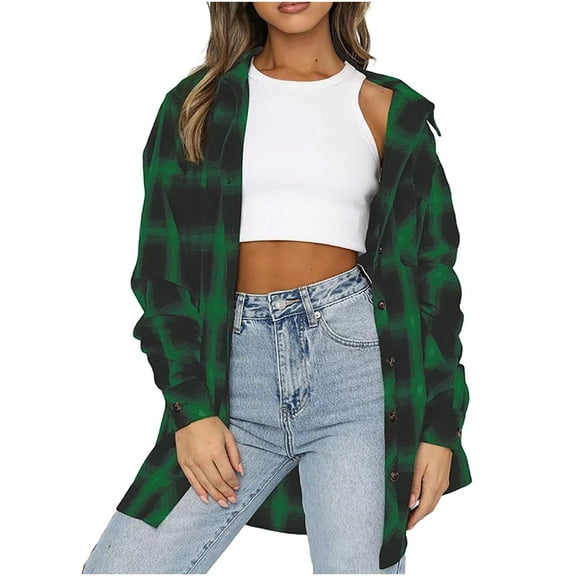 IROINNID Women's Shacket Jacket Long Sleeve Plaid Turndown Lapel Outwear, Casual Spring and Autumn Lapel Buttoned Plaid Shirt Jacket
