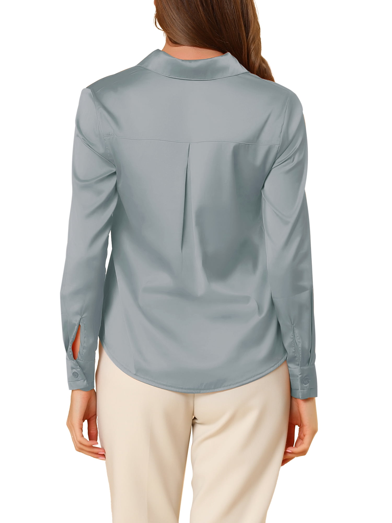 DARING DIVA Women's Silk V Neck Satin Long Sleeve Dressy Business Shirt XS Dusty Blue