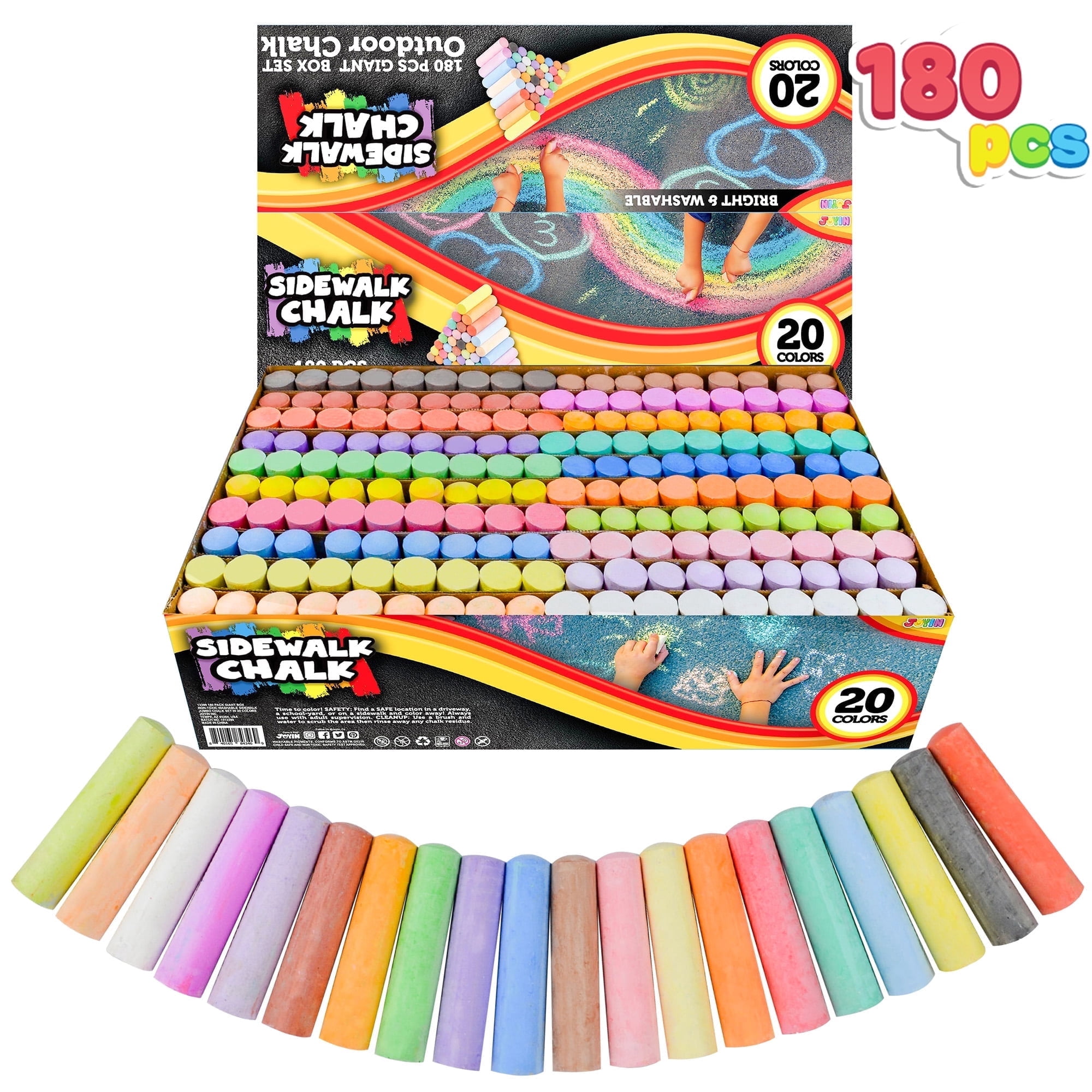 Joyfy 180PCS Washable Sidewalk Chalks, Outdoor Non-Toxic Jumbo Chalk Set for Art Play Back to School Classroom Prize