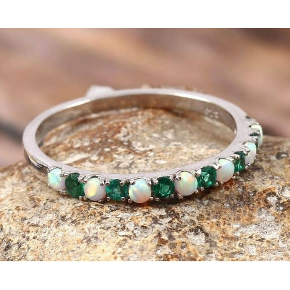 Winstonegemsjewels Handmade Opal & Emerald 925 Sterling Silver Half Eternity Band, Matching Ring for Her, Promise Gift Silver 4