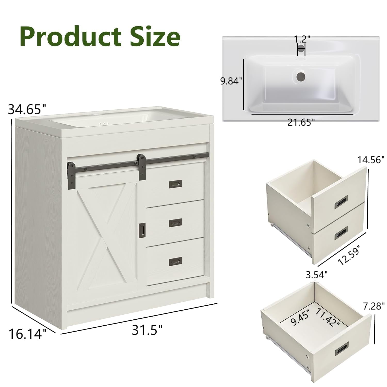 DreamCurship 32" Bathroom Vanity with Sink Combo, White Bathroom Storage Cabinet with Drawers, Farmhouse Bathroom Vanity Cabinet with Sliding Barn Doors, White