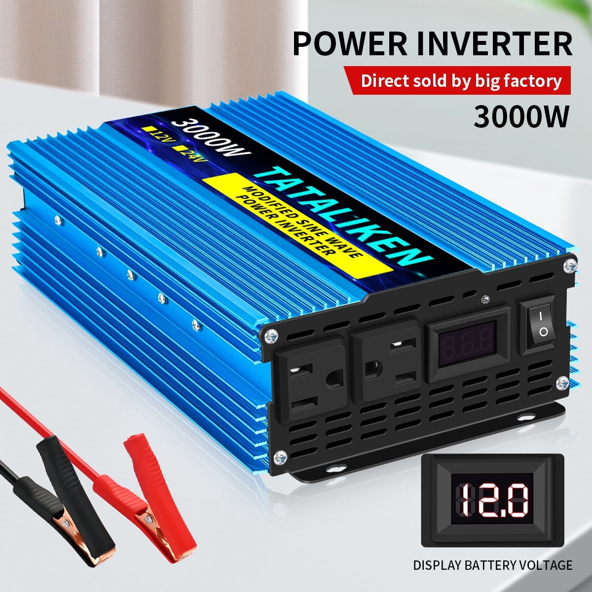 TATALIKEN 3000W（Rating power 1200 W）Power Inverter DC 12V to AC 110V/120V Car Inverter with Battery Clamp Cable 2 AC Outlets for Power Tools Home Vehicles RV Truck, LCD Display Blue