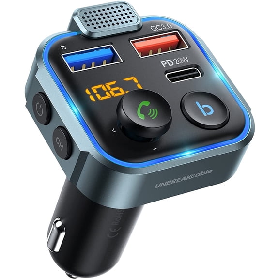UNBREAKcable Bluetooth FM Transmitter for Car, Wireless Bluetooth Car Adapter, Transmitter with PD & QC 3.0 USB Car Charger