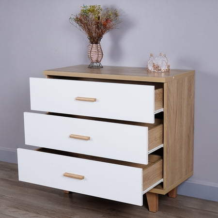 Dcenta Three Drawer Storage Cabinet Dresser Bedside Table Chest Simple Bedroom Furniture Solid Wood Feet and Handles Fashionable Bedside Cabinet