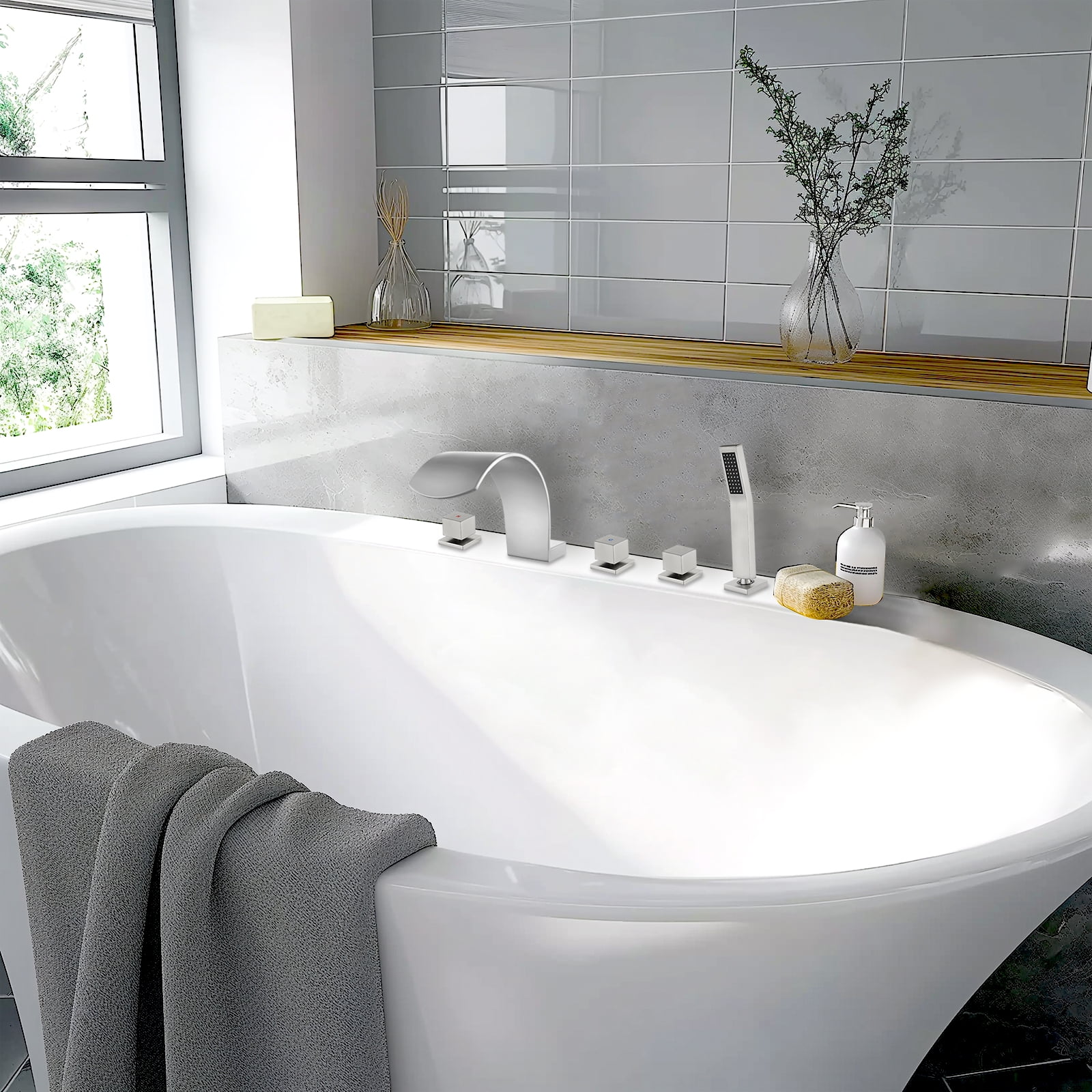 Cobbe Deck Mount Bathroom Bathtub Faucet with 2 Switches, 1 Diverter Knob, 3.74-Inch Wide Waterfall Spout and Handheld Sprayer rushed Nickel