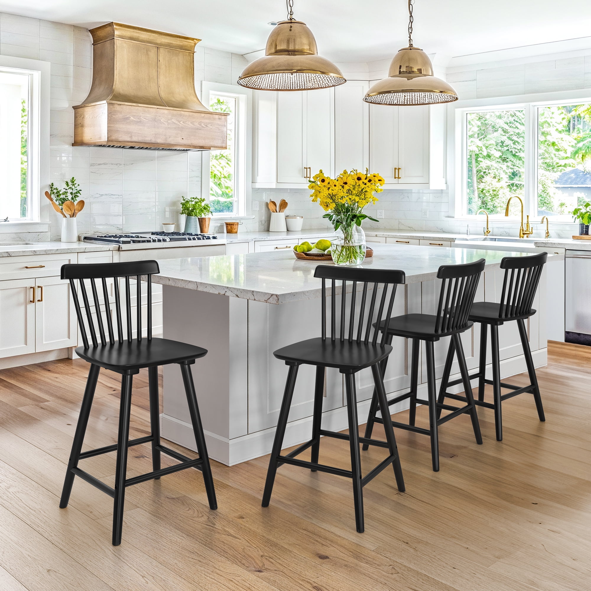 Dycanpo 24'' Windsor Wooden Counter Height Chairs Set of 3, Upgraded Farmhouse Bar Stools with Spinddle Back for Kitchen,Black