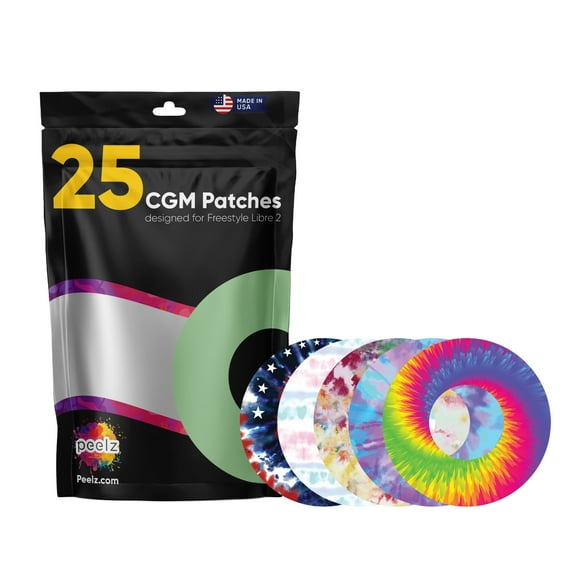 Peelz Freestyle Libre 2 Sensor Covers 25 Pack - US-Made Waterproof CGM Sensor Patches for 15 Days - Sensitive Skin Diabetic Patches for Glucose Monitor - (Tie-Dye Pack)