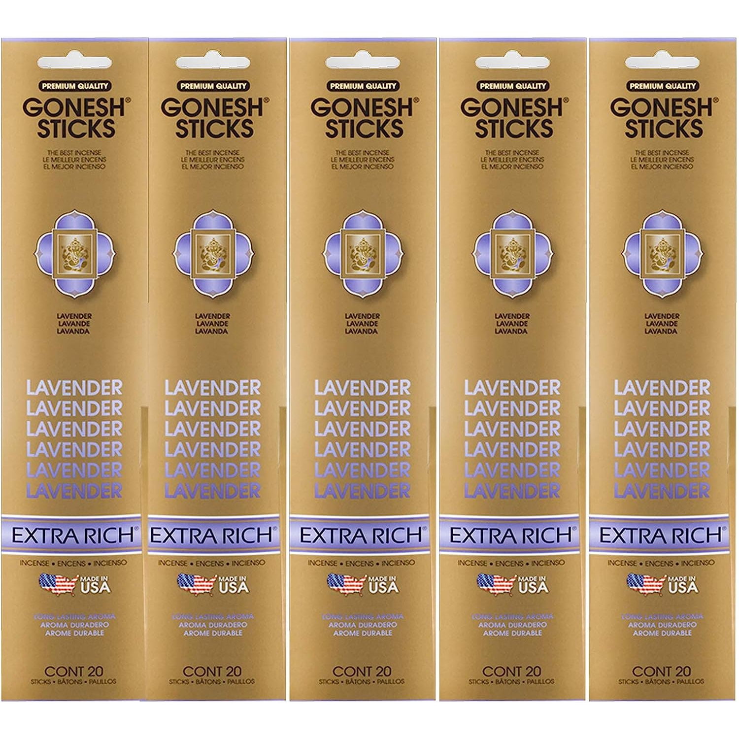 Gonesh Incense Sticks Extra Rich Collection - Lavender - 5 Packs (100 Total)