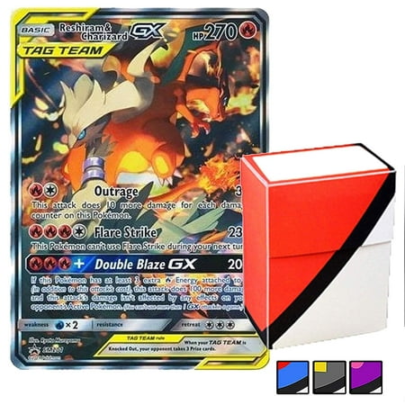 Reshiram & Charizard GX Tag Team Black Star Promo Holo Card - SM201 Foil Rare with Totem World Deck Box - Compatible with Standard Pokemon (The Best Pokemon Card In The World For Sale)