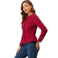 thumbnail image 4 of Chaqueta de mezclilla con cuello redondo y botones de manga larga con volante recortado y peplum para mujer Rojo oscuro L, 4 of 6