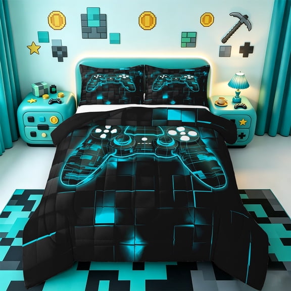 Manfei Gaming Bedding Comforter Set,Geometric Plaid Twin Comforter Sets,Gradent Cyan Black Bedding Set For Boy,Microfiber Room Decor Reversible,2pcs