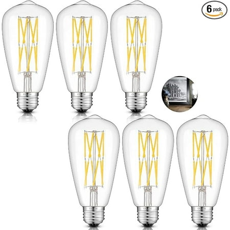 

12W Dimmable LED Edison Bulb 5000K Daylight White 120W Equivalent 1200 Lumen E26 Base Vintage Style ST64 Clear Glass LED Double-Layer Spiral Filament Bulbs Smooth Dimming Version 6 Pack