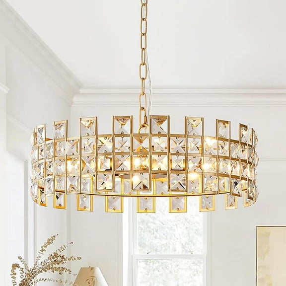 Modern Crystal Chandelier 8-Light Gold Semi Flush Mount Ceiling Light Fixture 18" Round Crystal Pendant Light for Dining Room Entryway Hallway Kitchen Island