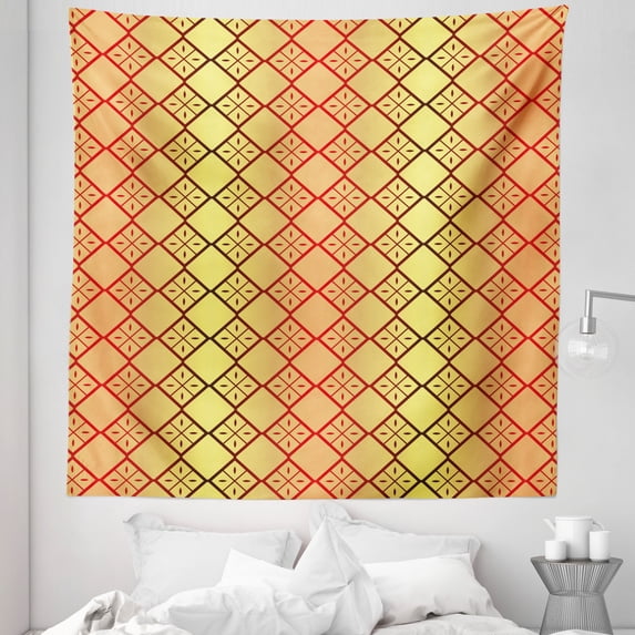Geometric Tapestry, Shadowy Ombre Color Effect Repeated Ethnic Rhombus Shapes Composition, Fabric Wall Hanging Decor for Bedroom Living Room Dorm, 5 Sizes, Mustard Pale Orange, by Ambesonne