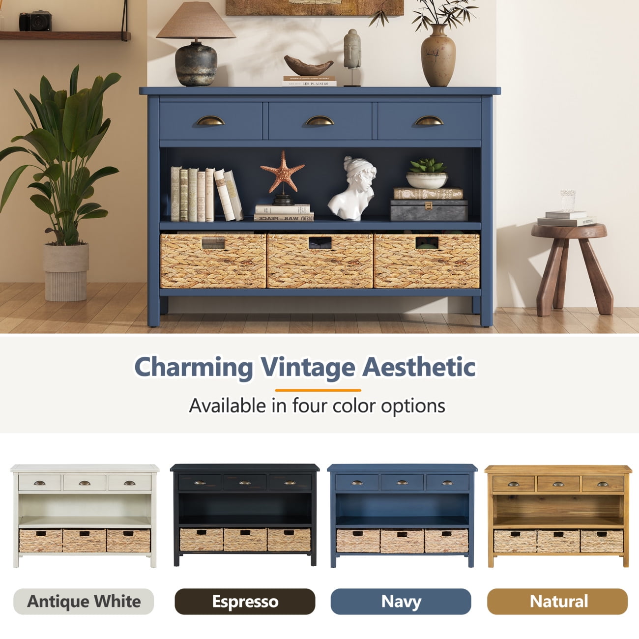 47" Retro Console Table with 3 Storage Drawers, Entryway Table with 3 Water Hyacinth Woven Baskets and Shelf, Wooden Buffet Cabinet for Entryway Hallway Living Room, Navy