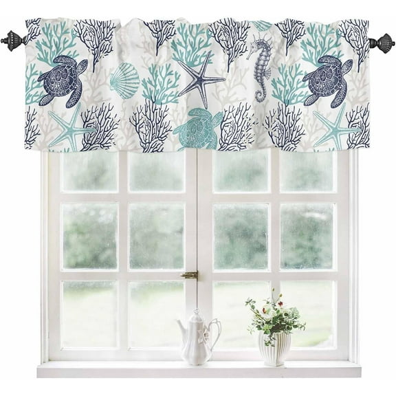 Kitchen Curtain Valance for Windows Nautical Theme Sea Turtle Coral 1 Panel, 54 x 18 Inch Rod Pocket Valance Window Treatments Short Curtains for Bathroom Bedroom