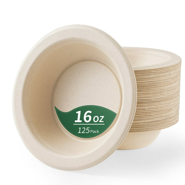 GPED Tazones de Papel de 16 Oz, Paquete de 125 Tazones Desechables Resistentes, Bagazo de Caña de Azúcar Biodegradable Compostable, Perfecto para Sopa, Ensalada, Postre, Palomitas de Maíz, Cereal y L