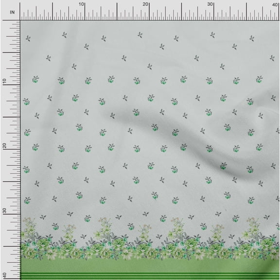 Soimoi Green Crepe Silk Fabric Leaves & Artistic Floral Panel Print Fabric by The Yard 42 Inch Wide