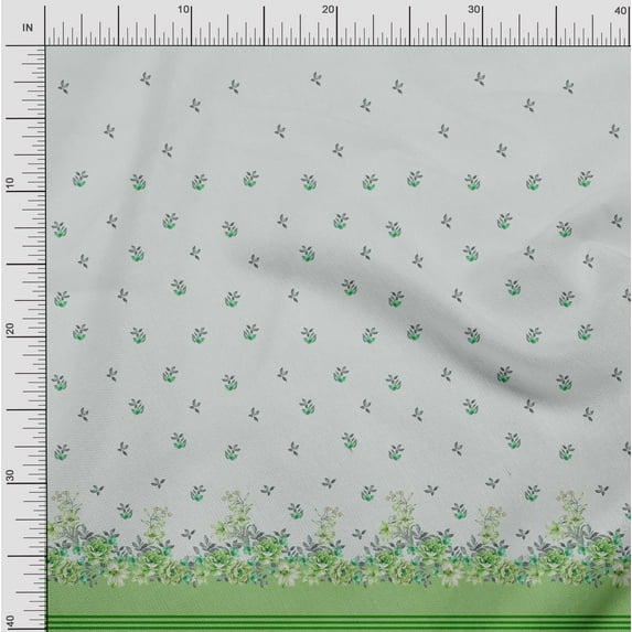 Soimoi Green Silk Fabric Leaves & Artistic Floral Panel Print Sewing Fabric BTY 42 Inch Wide