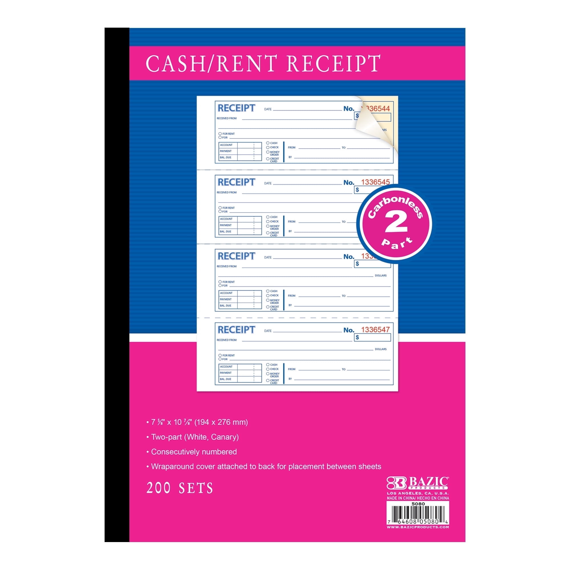 BAZIC Cash Money Rent Spiral Bound Receipt Book, 200 Sets 7 5/8"x10 7/8" 2-Part Carbonless, 1-Pack