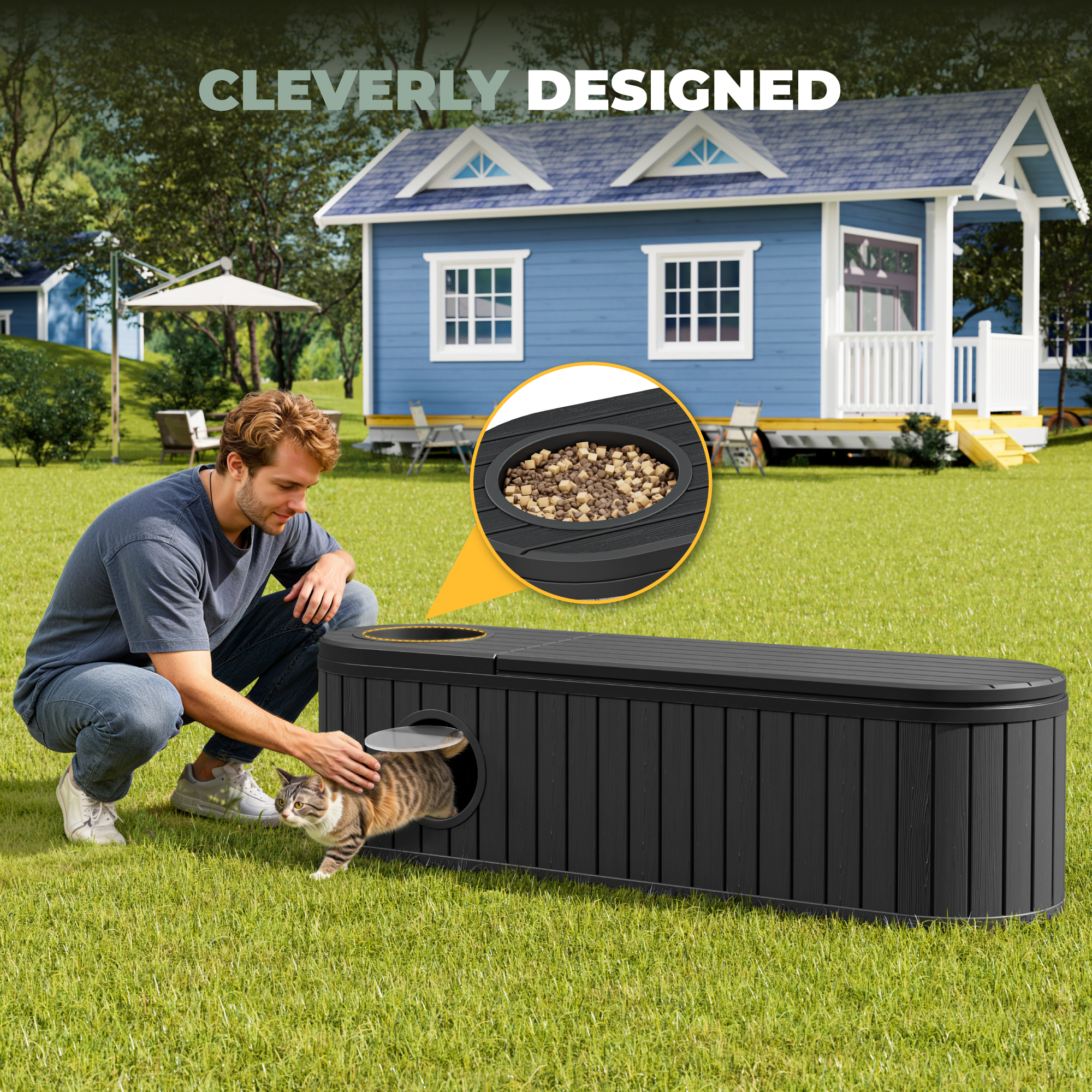 LHBcraft Cat Litter Box Enclosure,HDPE Cat Cabinet with Round Lift-Up Door,Hidden Cat Litter Box Furniture for Bedroom and Living Room,Black