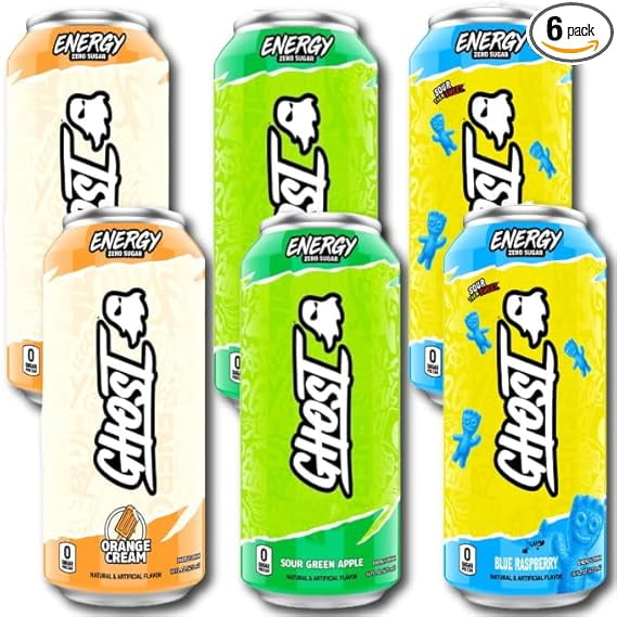 Ghost Energy Drink Variety Pack, Zero Sugar - 16 fl oz Cans (Pack of 6) - Orange Cream, Sour Blue Raspberry, Sour Green Apple - 200mg Caffeine, Vegan, Gluten-Free
