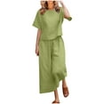 thumbnail image 2 of YANHAIGONG Summer Linen Outfits for Women 2 Piece Set,Long Sleeve Sets Women 2 Piece Cotton Linen Outfits,Fashion Solid Lounge Sets for Women 2 Piece Wide Leg Pants Crew Neck Tops 2025 Trendy, 2 of 5