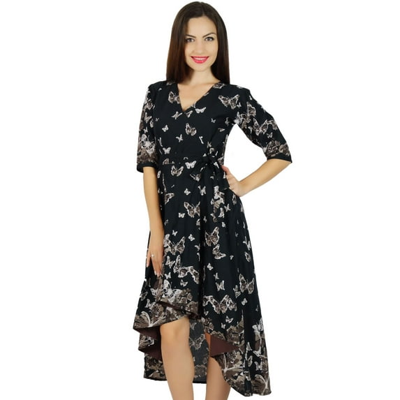 Bimba Womens Asymmetrical Shift Dress With Pockets Print Cotton Classic Midi Dresses