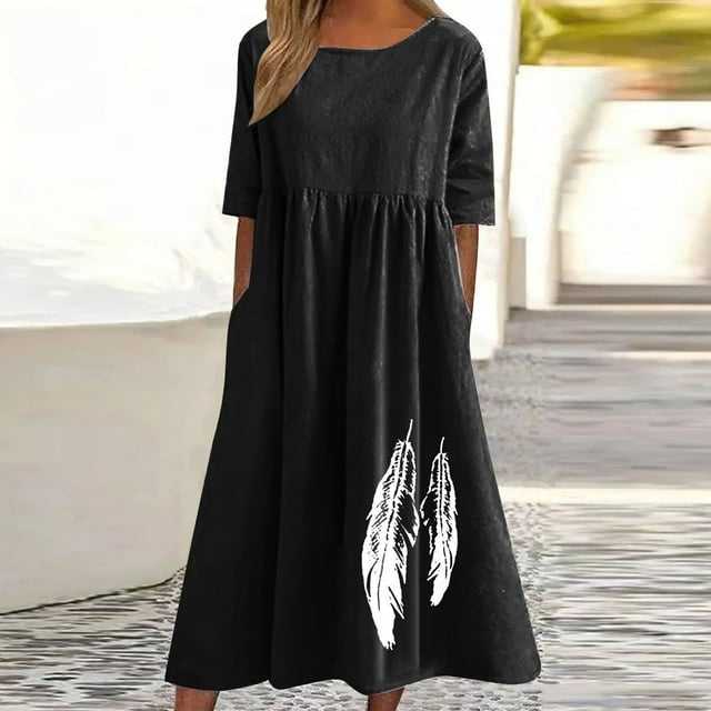 Amzcrzy Robes pour Femmes Grande Taille Robes pour Femmes Rondes Robes de Printemps et d'Été Col Rond Imprimé Coton et Lin Robe Décontractée à Manches Courtes Robe d'Été Robes de Printemps