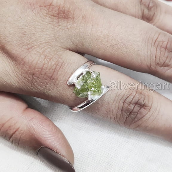 Natural Peridot Ring, Rough Peridot Gemstone Ring, August Birthstone, Cross Prong Ring, 925 Sterling Silver, Womens Ring, Christmas, Thanksgiving, Handmade, Statement Jewelry, Rough Gemstone Jewelry
