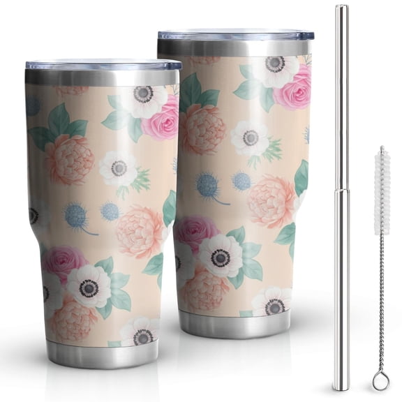 30oz Pioneer Flower Floral Print Pattern Tumbler, Double Wall Vacuum Insulated Cup, BPA-Free Leak Proof Lid & Reusable Straws, Hot 12h, Cold 34h