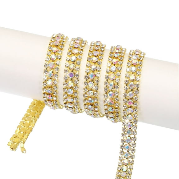 Uxcell 5 Yard 9mm 3 Rows Crystal Rhinestone Diamond Close Chain Trim Claw Cup Chain for Sewing,Gold Colorful White