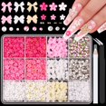 thumbnail image 1 of Juego de gemas y dijes para uñas 3D, 5 dijes para uñas con lazo rosa y blanco de coqueta gruesa + lindas flores 3D kawaii para uñas + diamantes de imitación de vidrio transparente y AB + perlas planas, 1 of 5