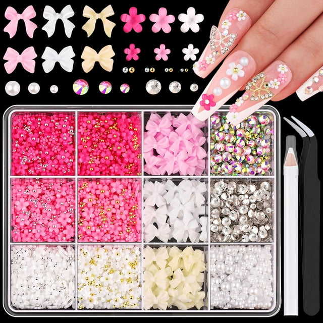 Juego de gemas y dijes para uñas 3D, 5 dijes para uñas con lazo rosa y blanco de coqueta gruesa + lindas flores 3D kawaii para uñas + diamantes de imitación de vidrio transparente y AB + perlas planas
