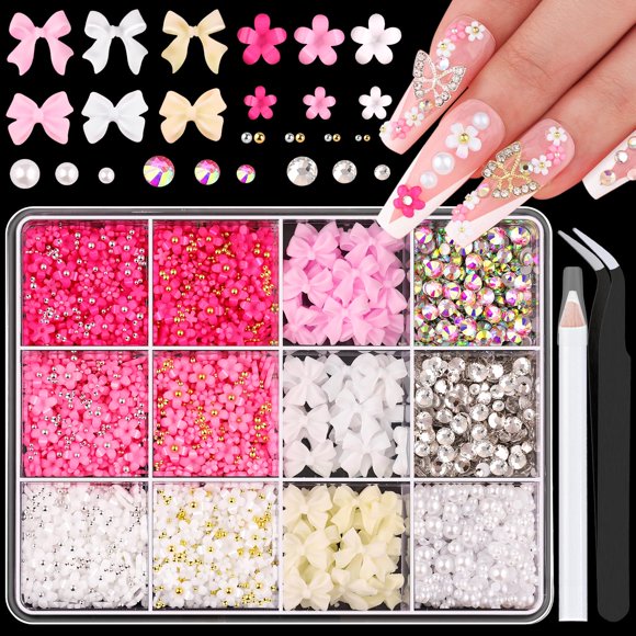 Juego de gemas y dijes para uñas 3D, 5 dijes para uñas con lazo rosa y blanco de coqueta gruesa + lindas flores 3D kawaii para uñas + diamantes de imitación de vidrio transparente y AB + perlas planas