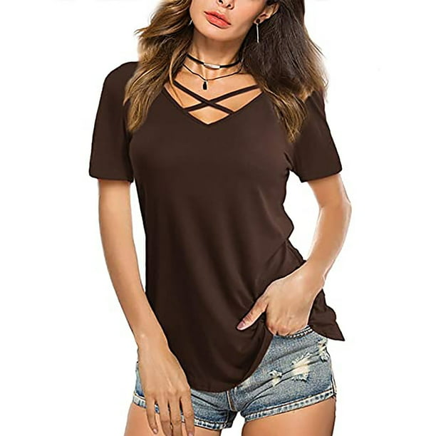 Puntoco Mujeres tops Sexy con cuello en V Cruz Collar Soild Camiseta de manga corta Blusa Puntoco Puntoco 6078 Walmart en linea
