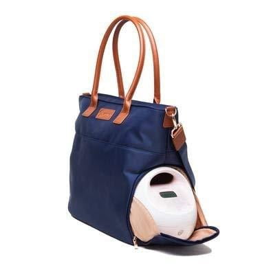 Abby Breast Pump Tote with Real Leather Straps – Stylish Pumping Bag with Insulated Pockets, Laptop Storage & Easy-Clean Interior – Professional Breast Pump Bag for Work & Travel (Navy)