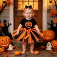 thumbnail image 2 of ZHOGXU Baby Girls Halloween Outfit Short Sleeve Pumpkin Printed Top Bow Lace Tutu Skirt Headband 3PCS Set For Kids,Black,3-6 Months, 2 of 5