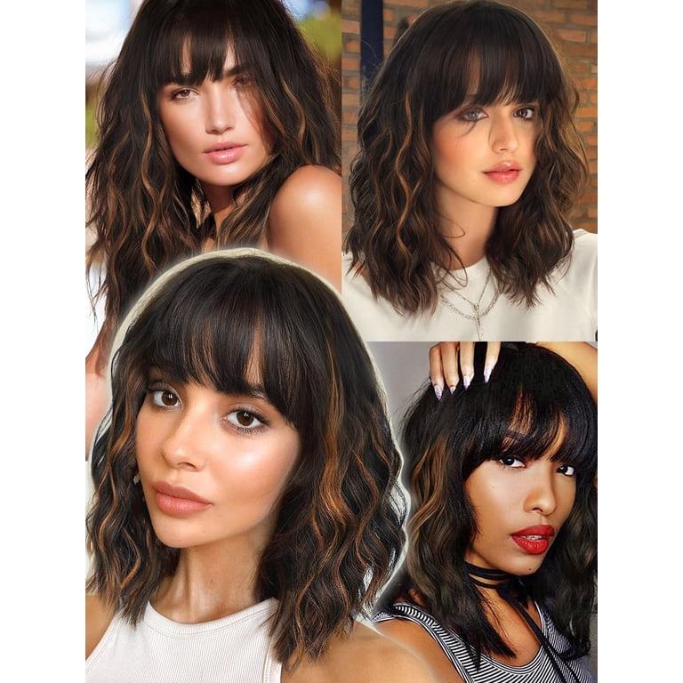 Short Curly Wavy Wig With Bangs Natural Looking Shoulder Length Party Daily Amazon.com : Short Brown Blonde Wig,Shoulder Length Bob  main image 3