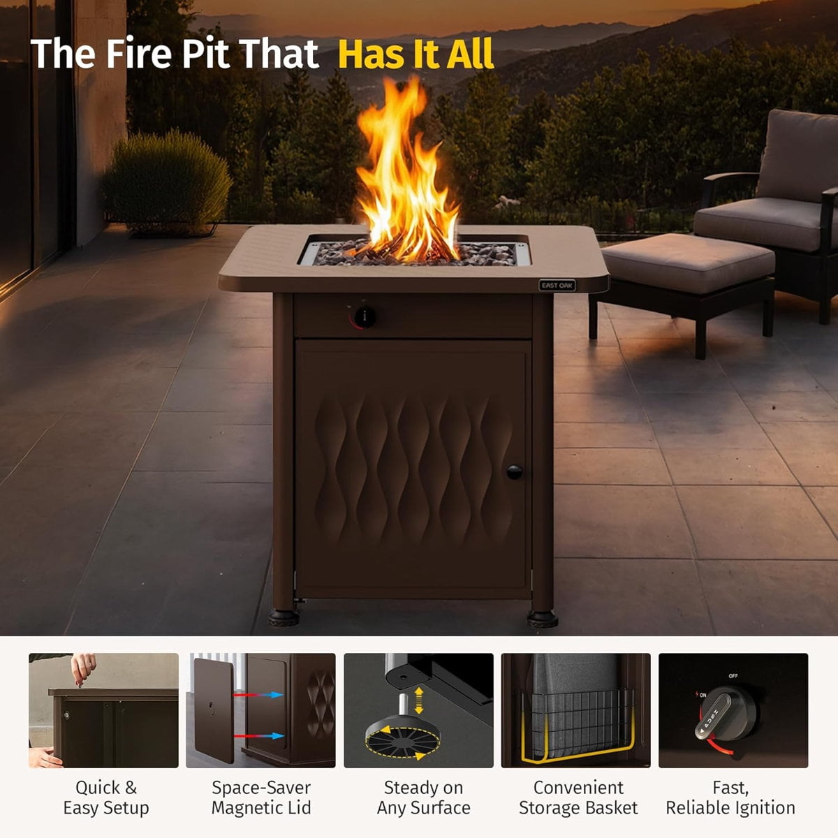 EAST OAK 28" 52000 BTU Propane Gas Fire Pit Table for Outside with Magnetic Lid Storage Basket & Lava Rocks CSA Certified for Patio, Chocolate Brown
