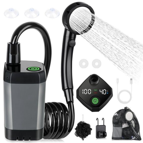 Portable Shower for Camping, Long-Lasting 6000mAh Rechargeable Camping Shower with Intelligent LED Display, 4 Spray Modes, IPX7 Waterproof Outdoor Camp Pump for Hiking, Travel, Car, Pet
