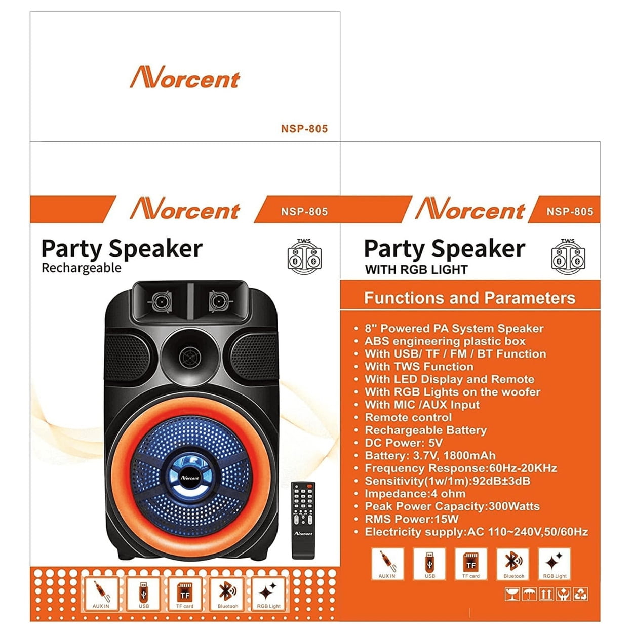 Norcent NSP-805 8 Inch Portable Bluetooth Speaker with Woofer, Outdoor  Wireless Speaker with Bluetooth Support FM Radio, USB Port, LED Lights,  Stereo