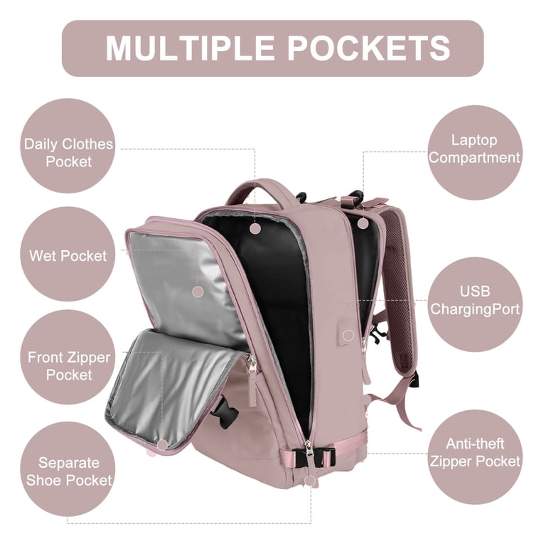 DAKIMOE Large Travel Backpack with Laptop Compartment, Light Pink photo 4