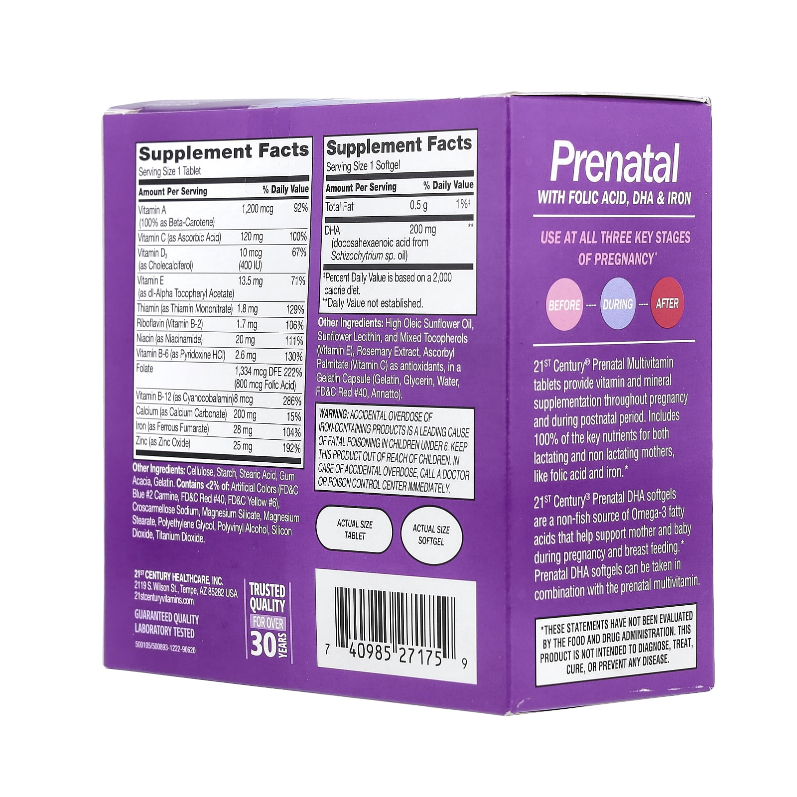 21st Century 2-Step Prenatal Multivitamin + DHA Tablets, 120 Count