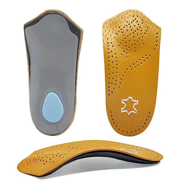 Plantilla de piel de vaca marrón con almohadilla de arco para pie plano con absorción de impactos para hombres y mujeres, deportes de ocio, almohadilla completa